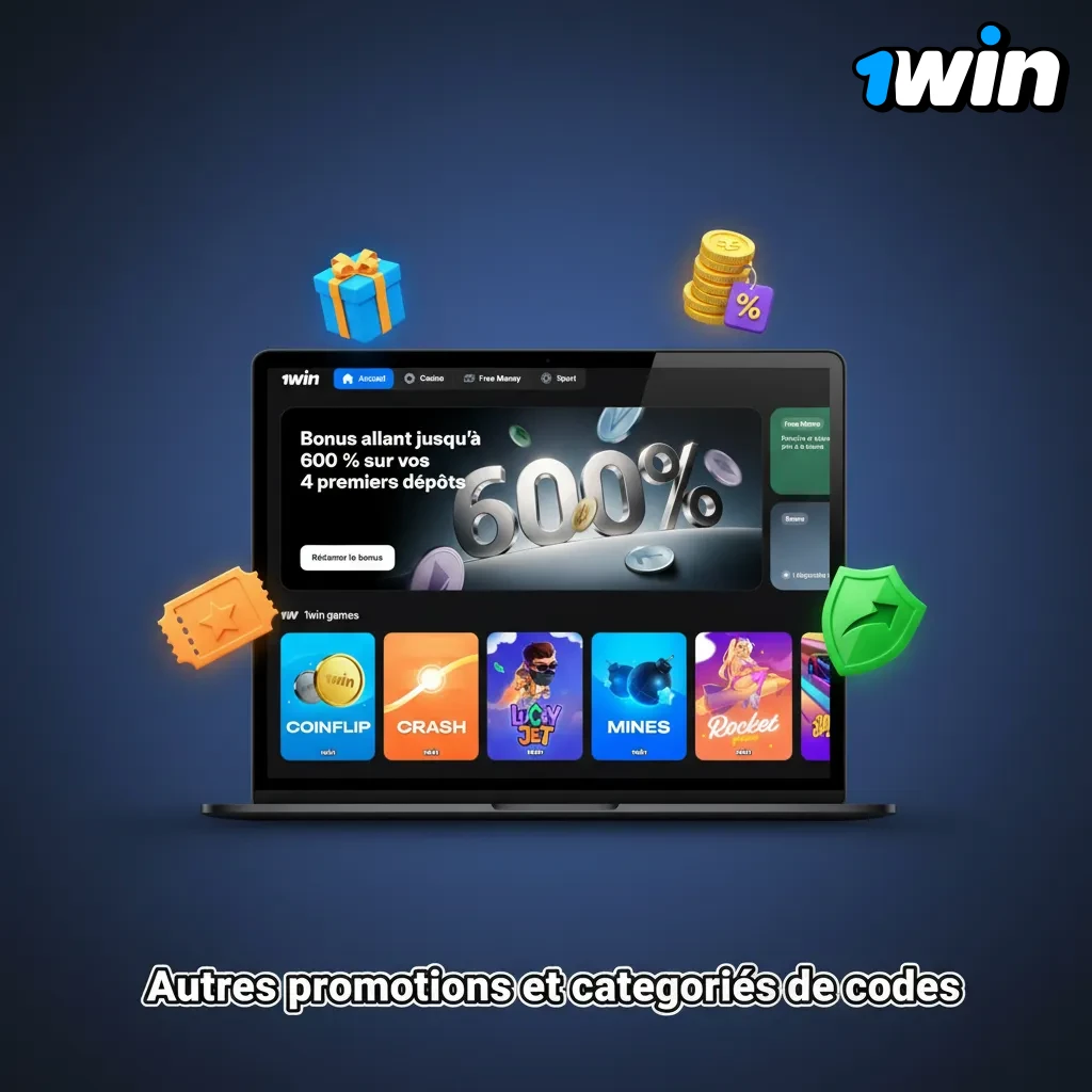 Tableau des promotions casino et sports: bonus de bienvenue, freebets, tours gratuits, cashback, parrainage et code 1win.