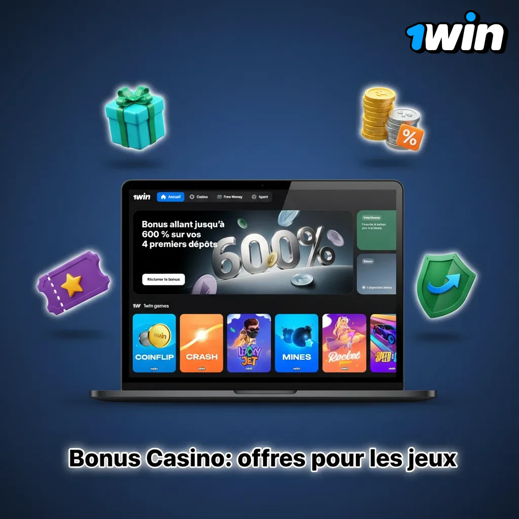 Bannière Bonus 1win Casino: pack de bienvenue jusqu’à +500%, free spins, cashback hebdo, tournois slots, Drops & Wins.
