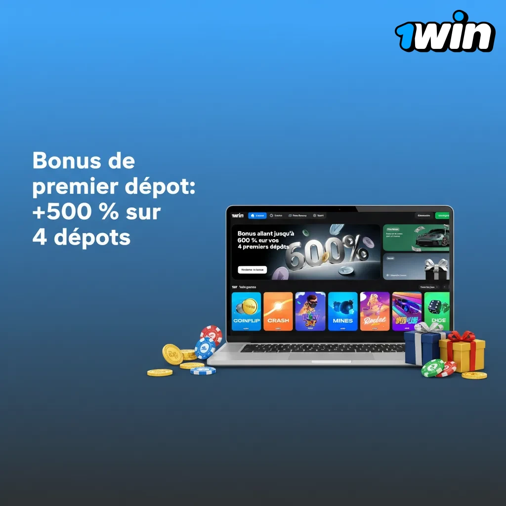 Bonus de bienvenue +500 % sur 4 premiers dépôts, jusqu’à 1 000 000 XOF, casino et paris sportifs. Dépôt min 1 000 XOF.