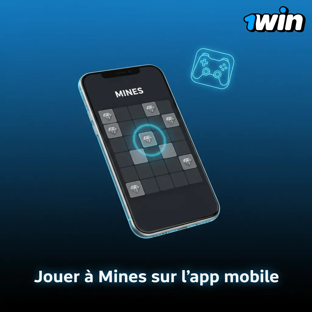 Écran de smartphone montrant Mines 1win, app Android/iOS avec dépôt, retrait, bonus, démo et promos mobiles.