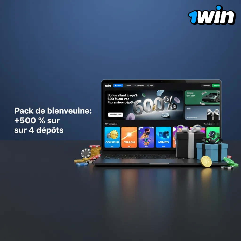 Bannière 1win: pack de bienvenue +500% sur 4 dépôts (200/150/100/50%), min 3 000 XOF, mise x35, validité 14 jours.