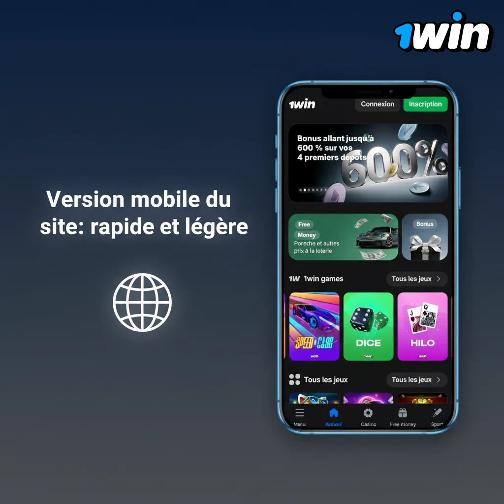 Interface mobile du site sur smartphone; rapide, légère, paiements, Multi Live, cash out et notifications PWA.