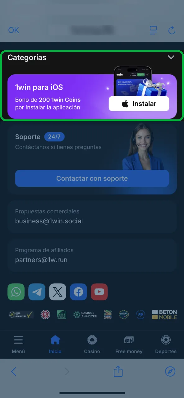 Section applications iOS 1win CI menu principal bouton installer ou bas de page dédié.