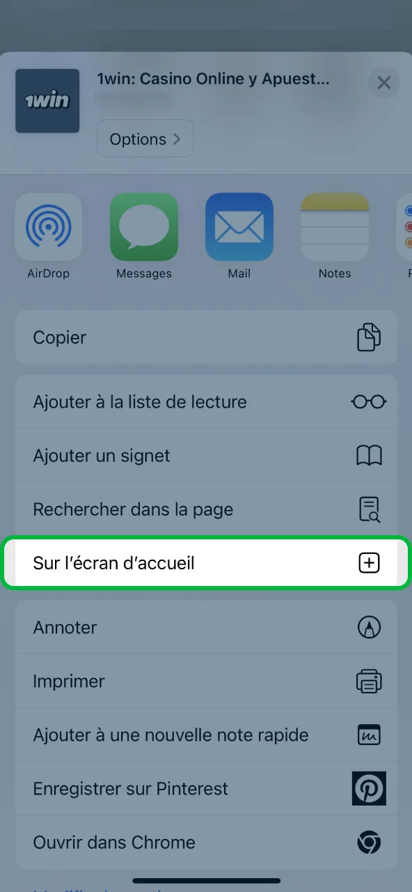 Téléchargez 1win CI iOS via Safari bouton partager ajouter sur écran d’accueil.