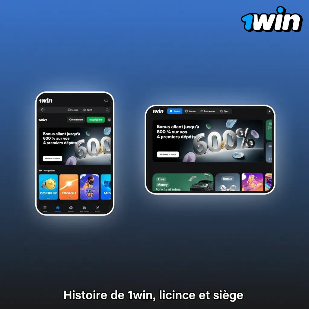 Infographie 1win: fondée années 2010, licence Curaçao eGaming, siège à Curaçao, équipe expérimentée, plateforme mobile.