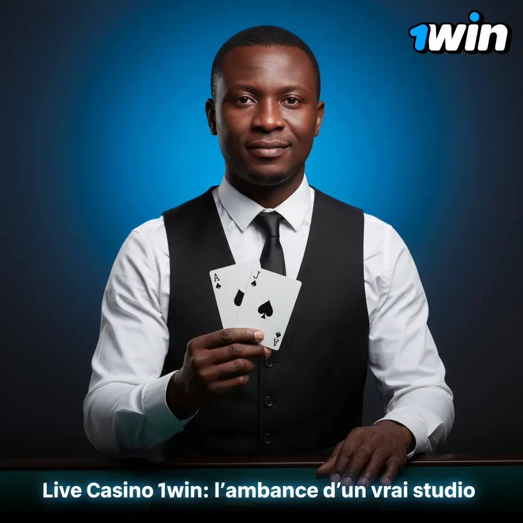 Studio de live casino 1win avec croupier en direct, table filmée, chat et jeux: roulette, blackjack, baccarat, poker.