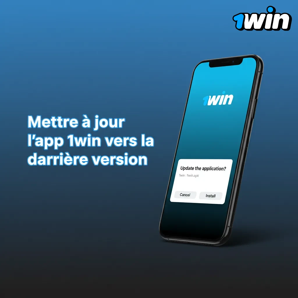 Écran de smartphone montrant la mise à jour de l’app 1win via paramètres, APK officiel et option Sources inconnues activée.