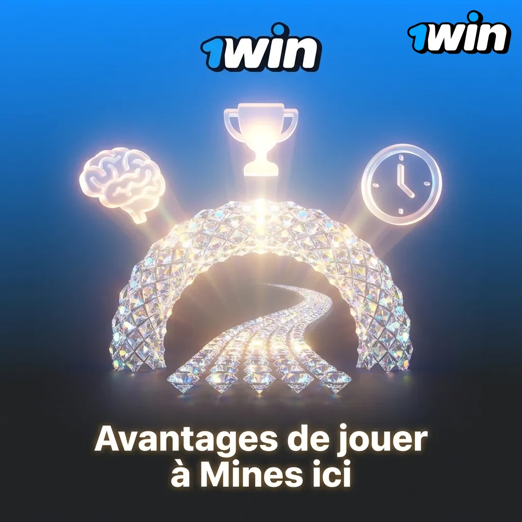 Interface de jeu Mines montrant les avantages: interface intuitive, retraits rapides, mode démo, bonus et support 24/7