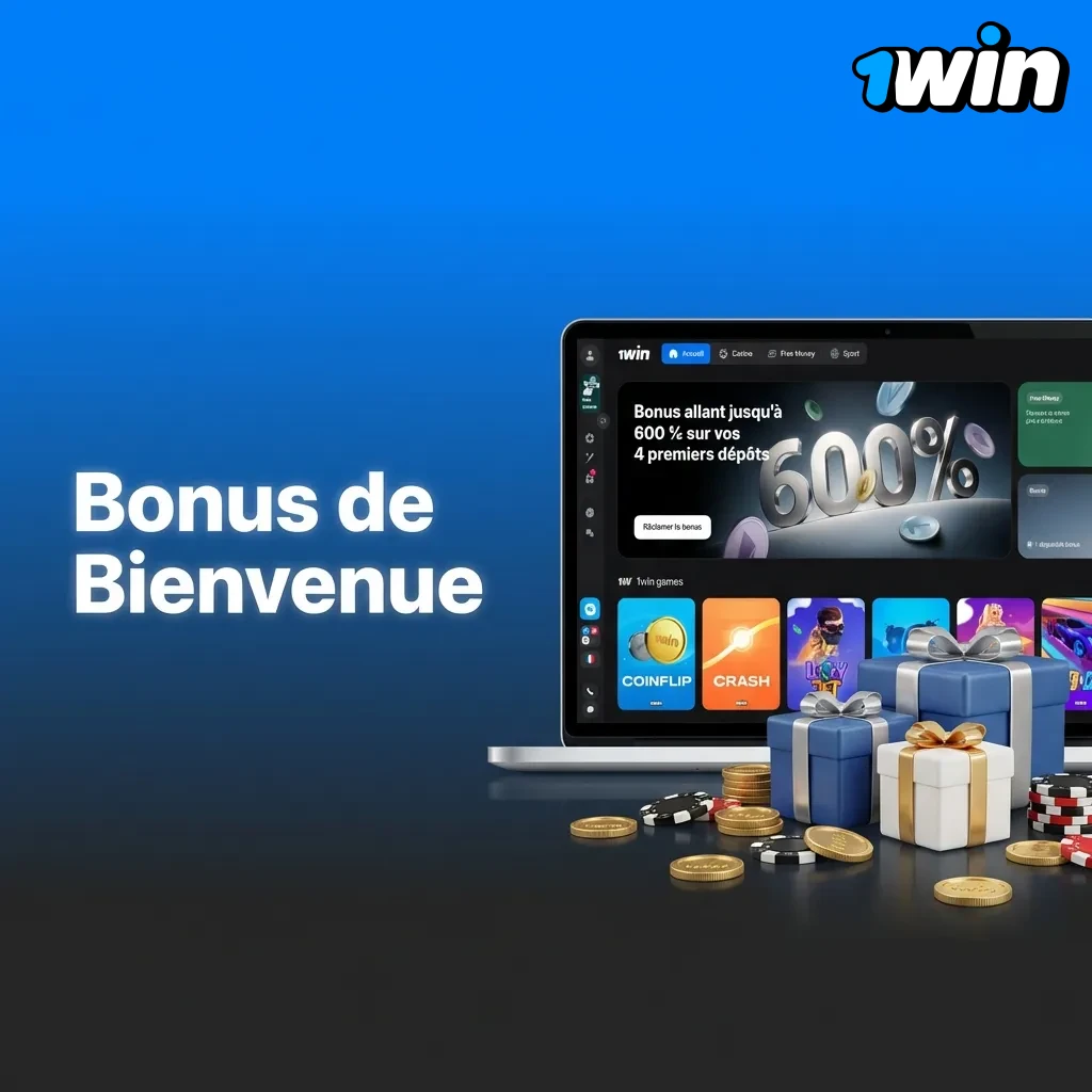 Table showing welcome bonus details: 500% bonus on first 4 deposits for casino slots, sports betting, and live games.