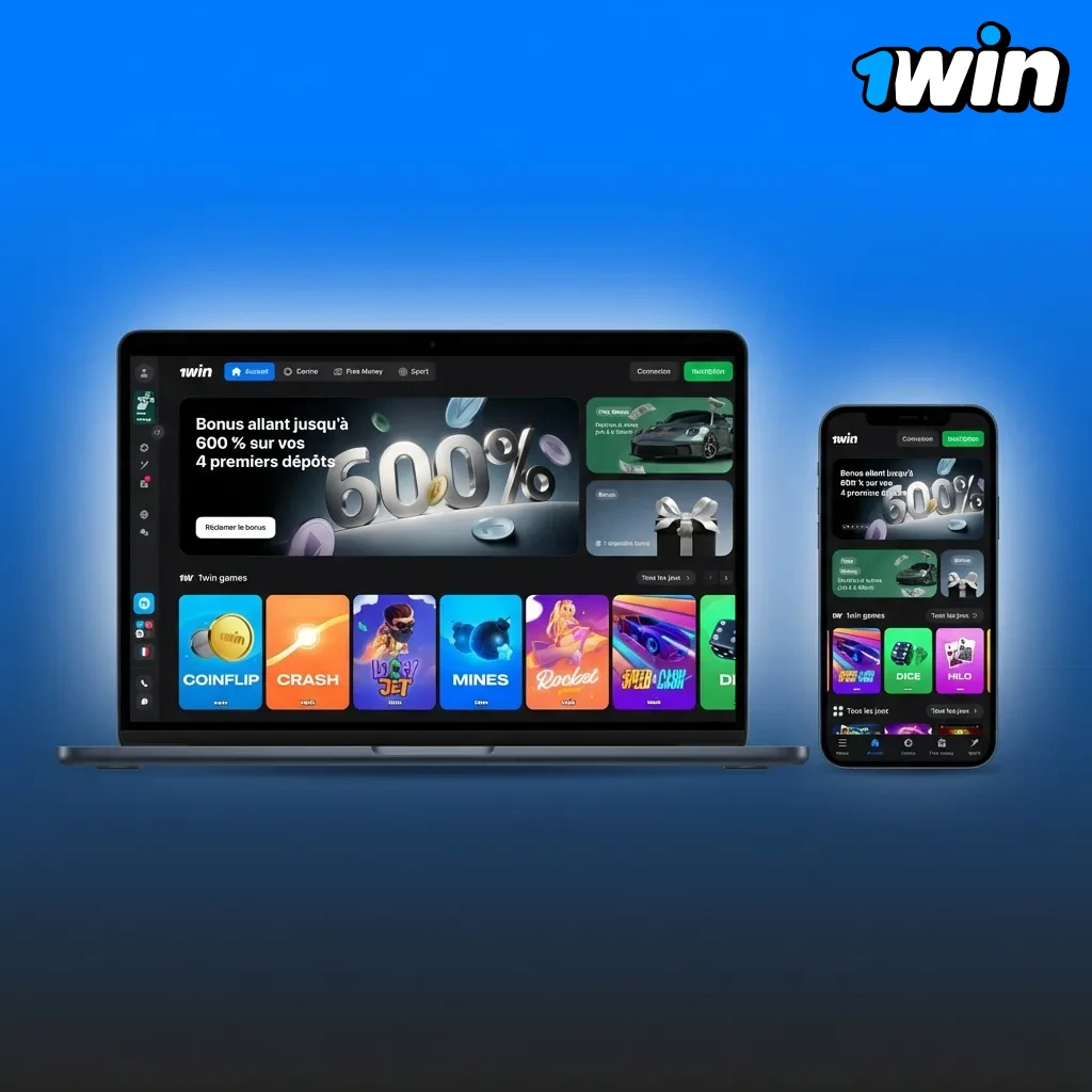 Interface 1win avec navigation claire, sections paris sportifs et casino, filtres de recherche et tableau de bord personnel