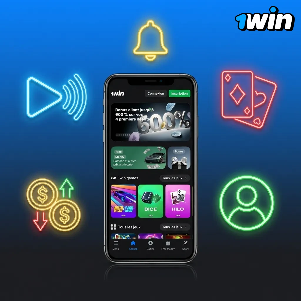 Interface d'application mobile avec options de paris sportifs, jeux de casino, dépôts et retraits en XOF