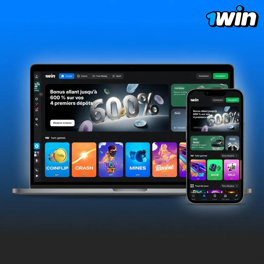 Interface 1win en français avec navigation Sports, Casino, Machines à sous, Promotions et Support pour joueurs ivoiriens