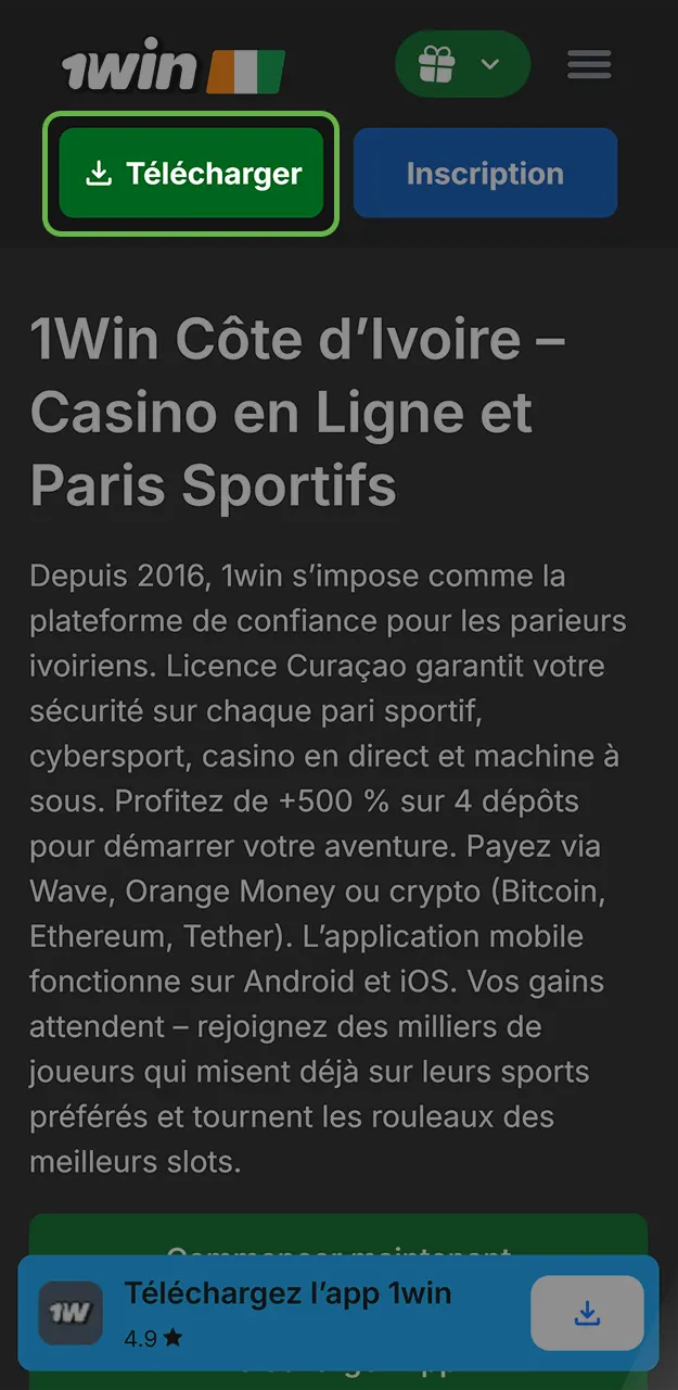 Accédez au téléchargement de l'application 1win.