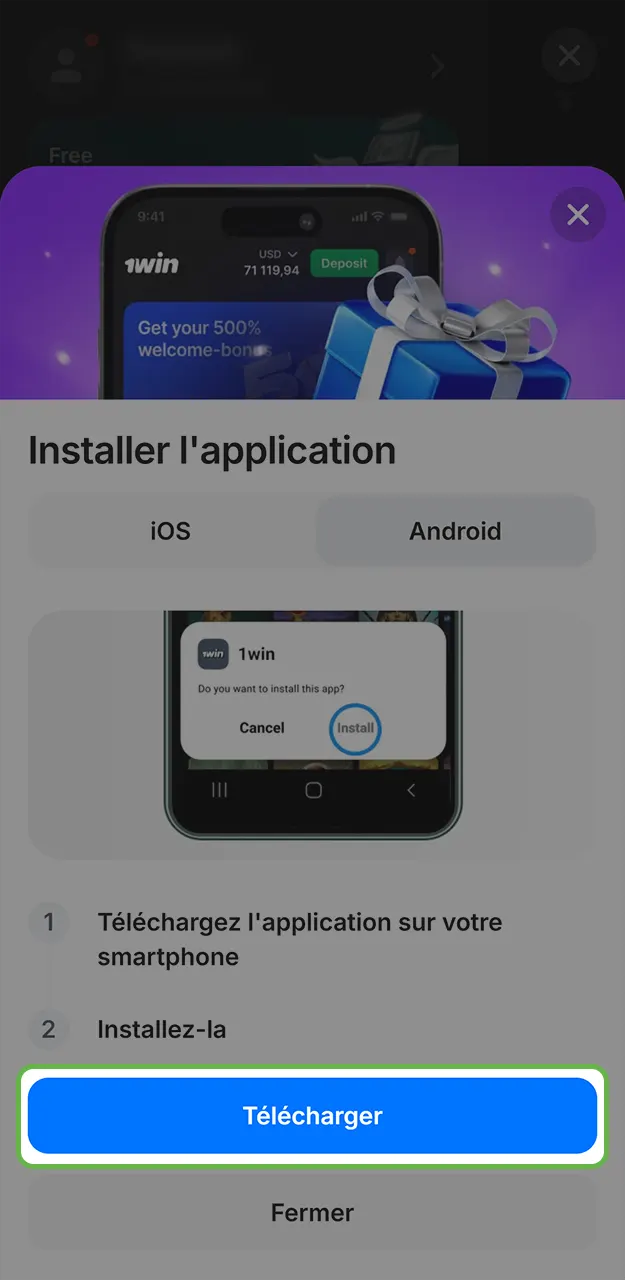 Cliquez sur l'icône Android pour lancer le téléchargement du fichier APK sur 1win.
