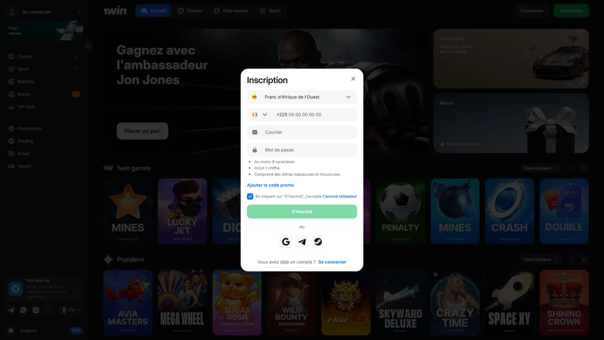 Créez un compte en quelques clics sur 1win.