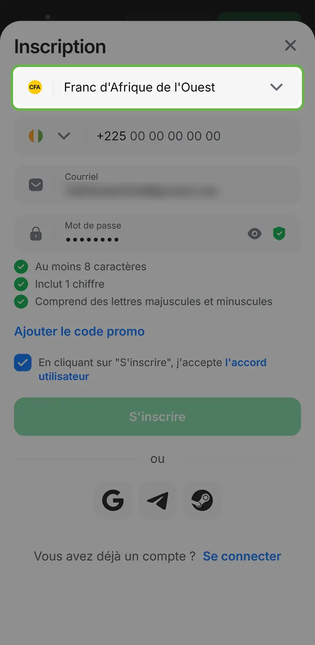 Sélectionnez la devise de votre choix lors de votre inscription sur 1win.