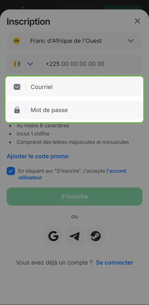 Veuillez saisir vos informations personnelles pour vous inscrire sur 1win.