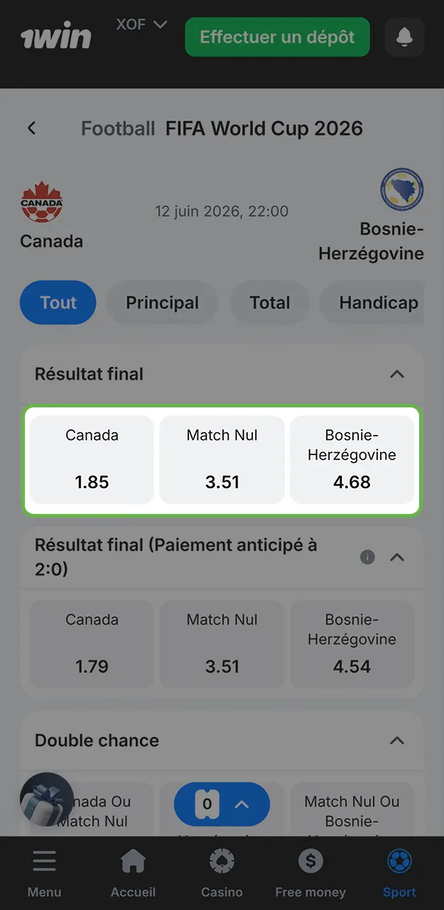 Cliquez sur la cote de votre prédiction pour l'ajout au coupon sur 1win.