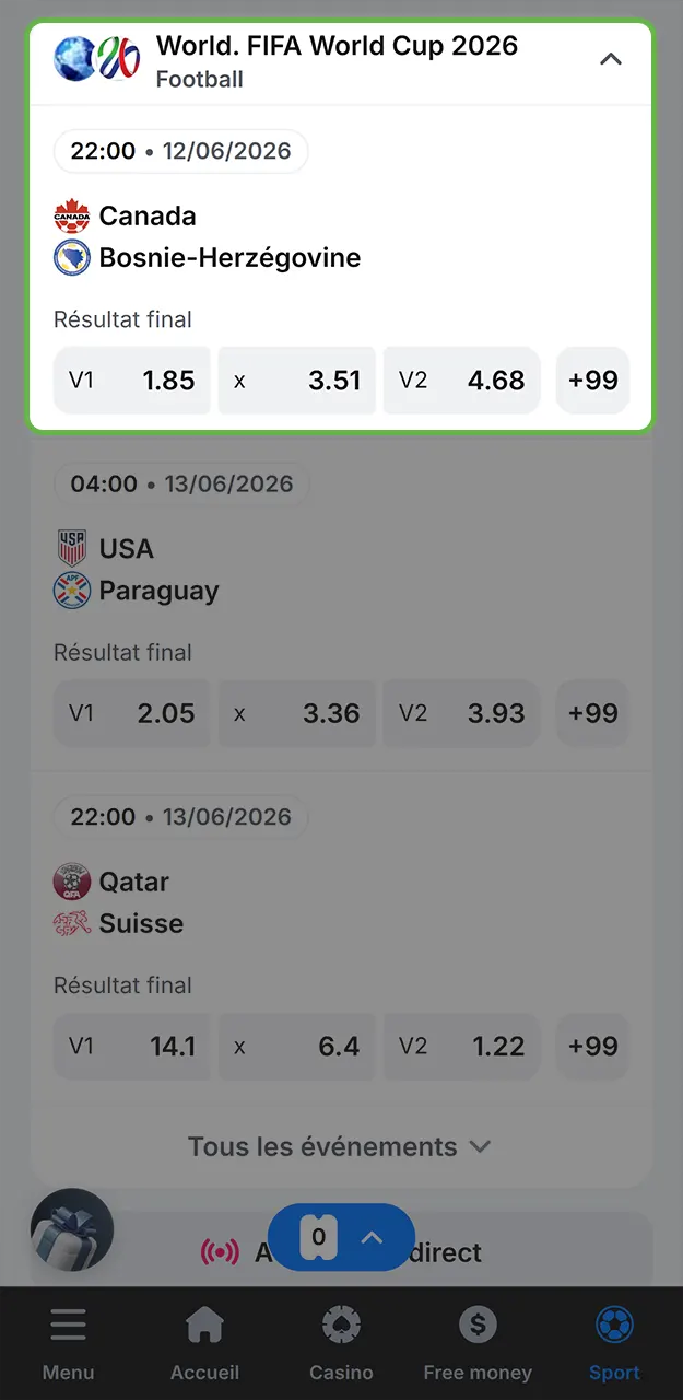 Consultez les matchs disponibles pour placer votre premier pari sur 1win.