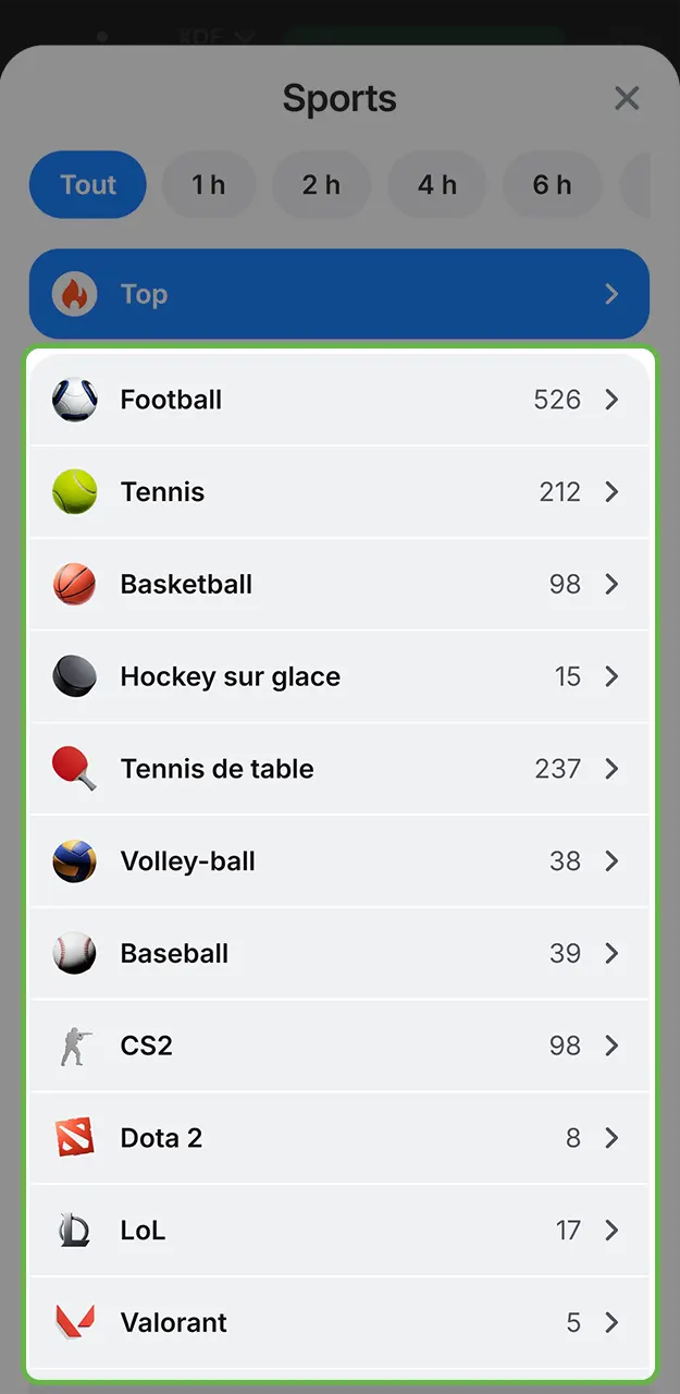 Parcourez la liste de la ligne ou du live pour la sélection du sport sur 1win.