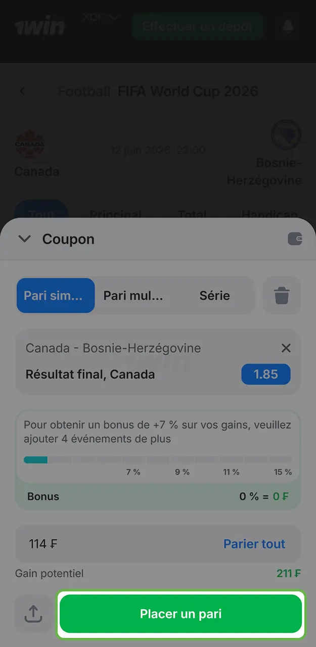 Indiquez le montant de la mise et cliquez sur le bouton pour la validation du pari sur 1win.