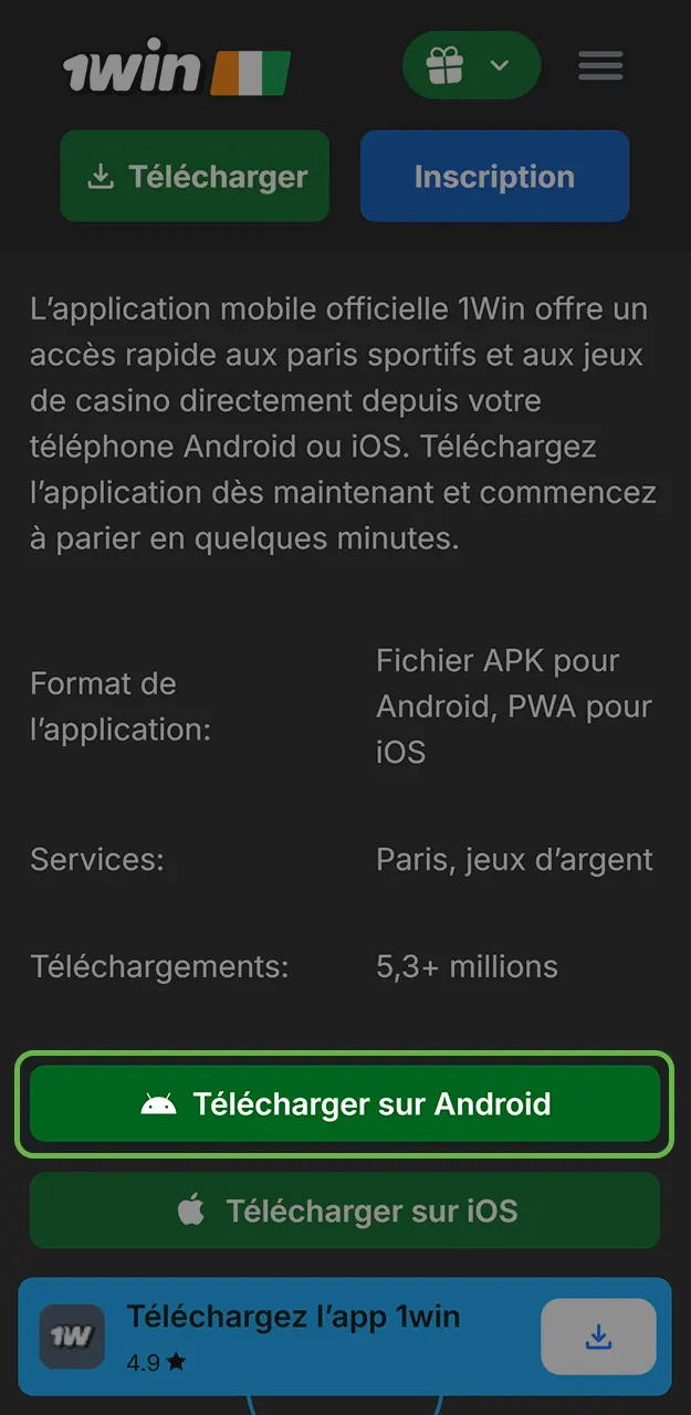 Rendez-vous sur la page d'accueil et lancez le téléchargement de l'application 1win.