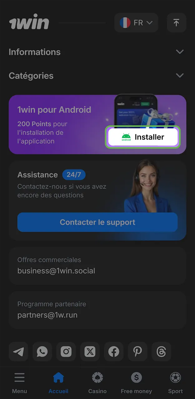 Lancez le processus de transfert mobile et téléchargez le fichier APK sur 1win.