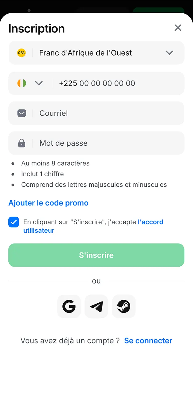 Créez un compte dans l'application 1win.