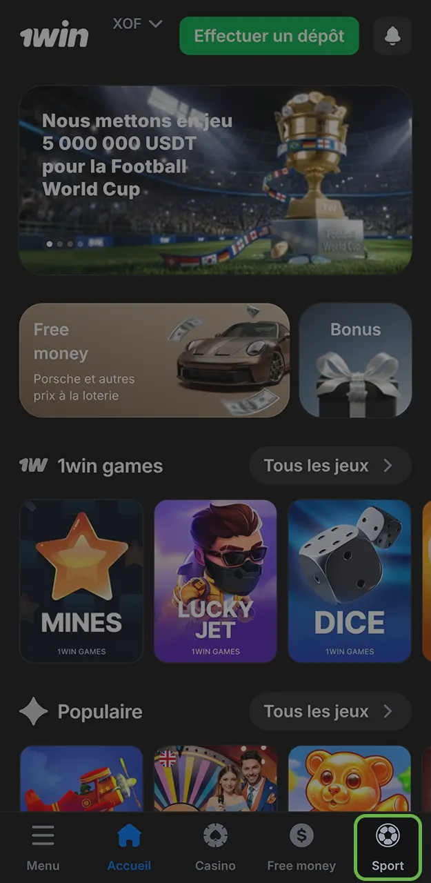 Rendez-vous dans la section sport pour placer votre pari dans l'application 1win.