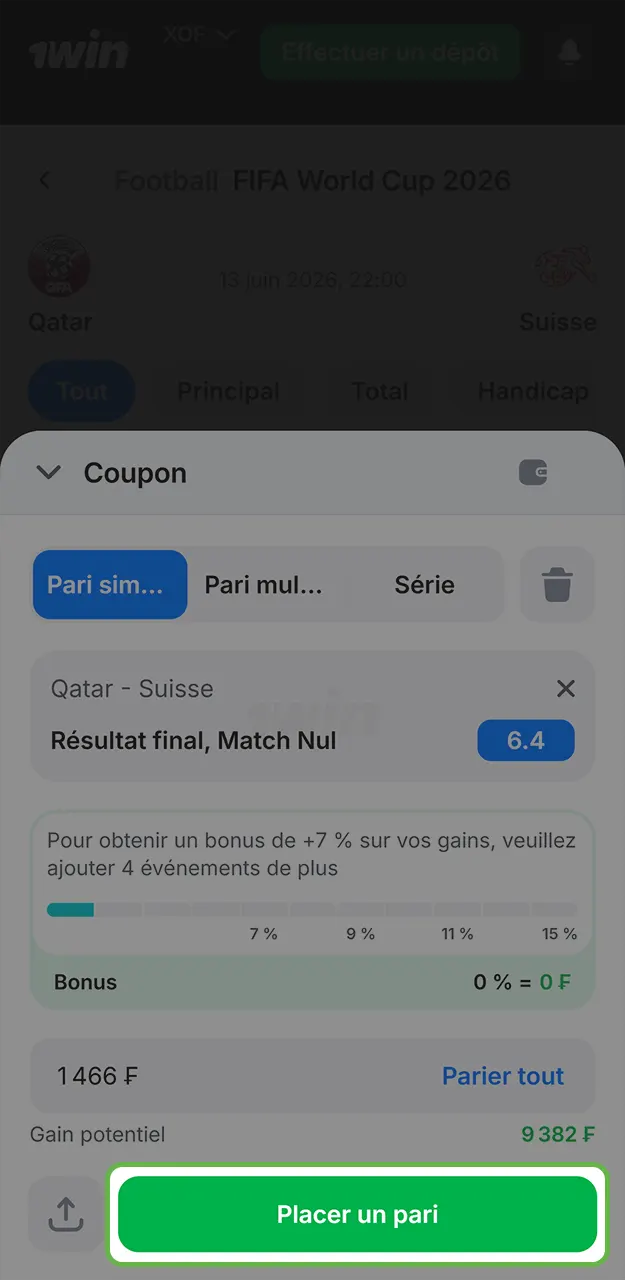 Confirmez votre premier pari dans l'application 1win.