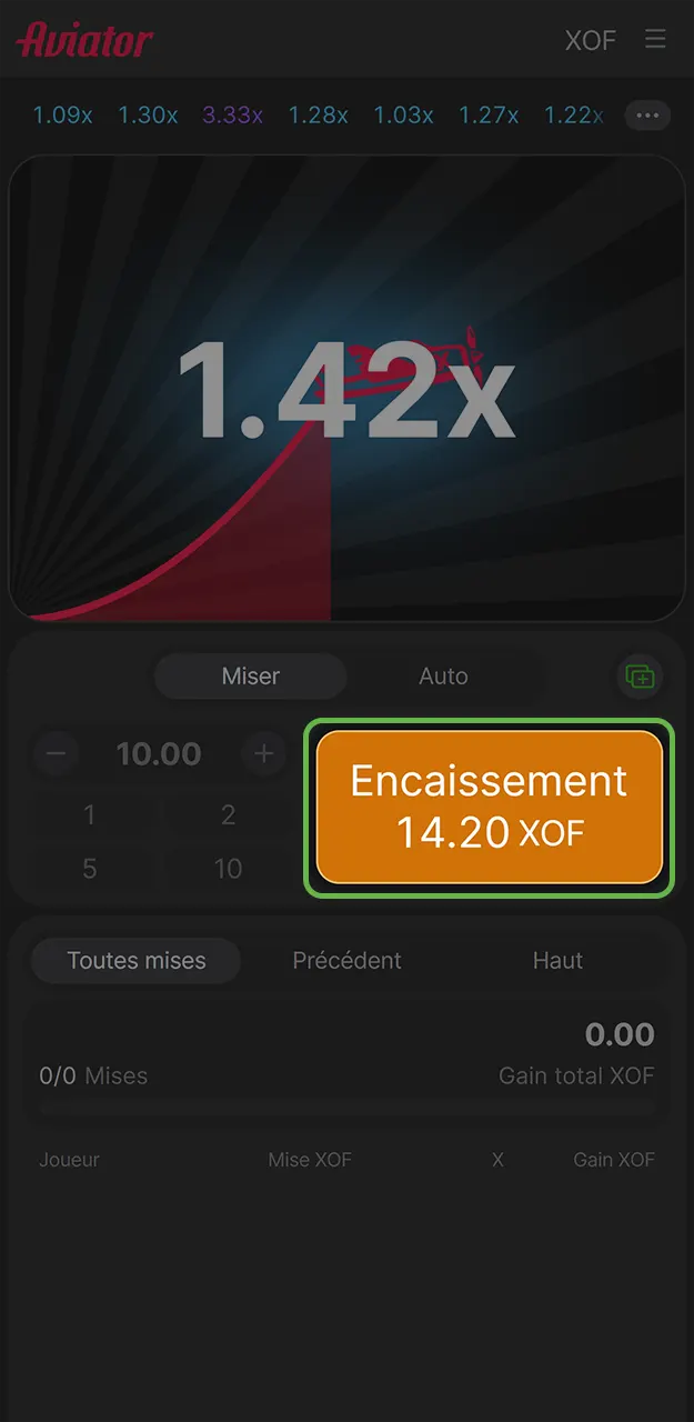 Suivez l'évolution du multiplicateur et encaisser vos gains sur Aviator chez 1win.