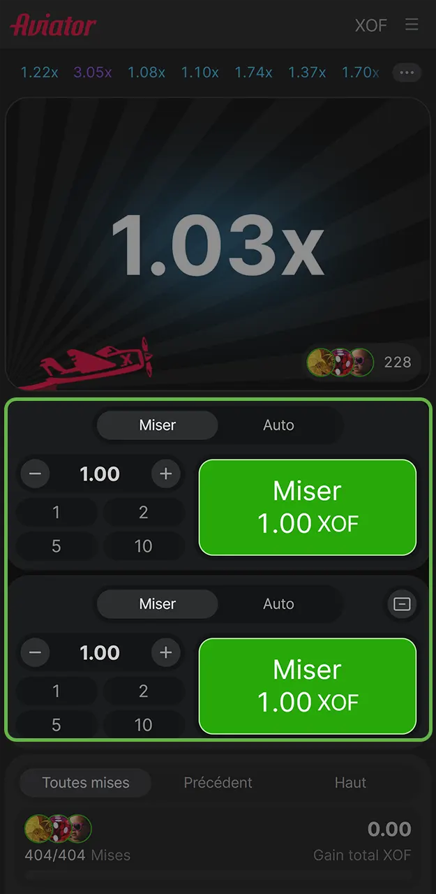 Indiquez le montant de votre mise dans Aviator et placez votre premier pari sur 1win.