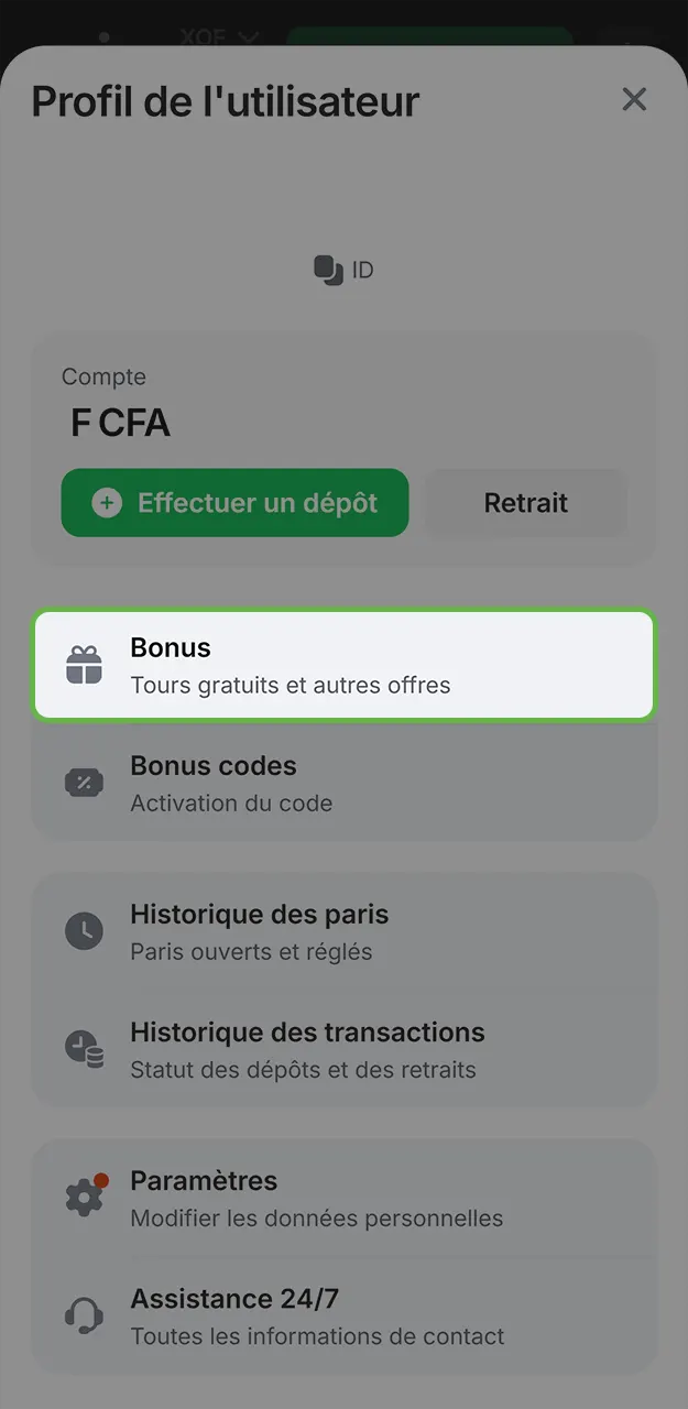 Activez le bonus dans votre profil sur 1win.