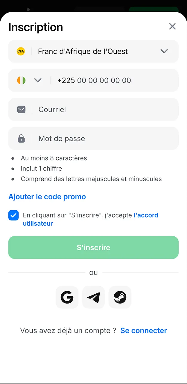 Saisissez vos données personnelles requises et créez votre compte sur la plateforme sur 1win.