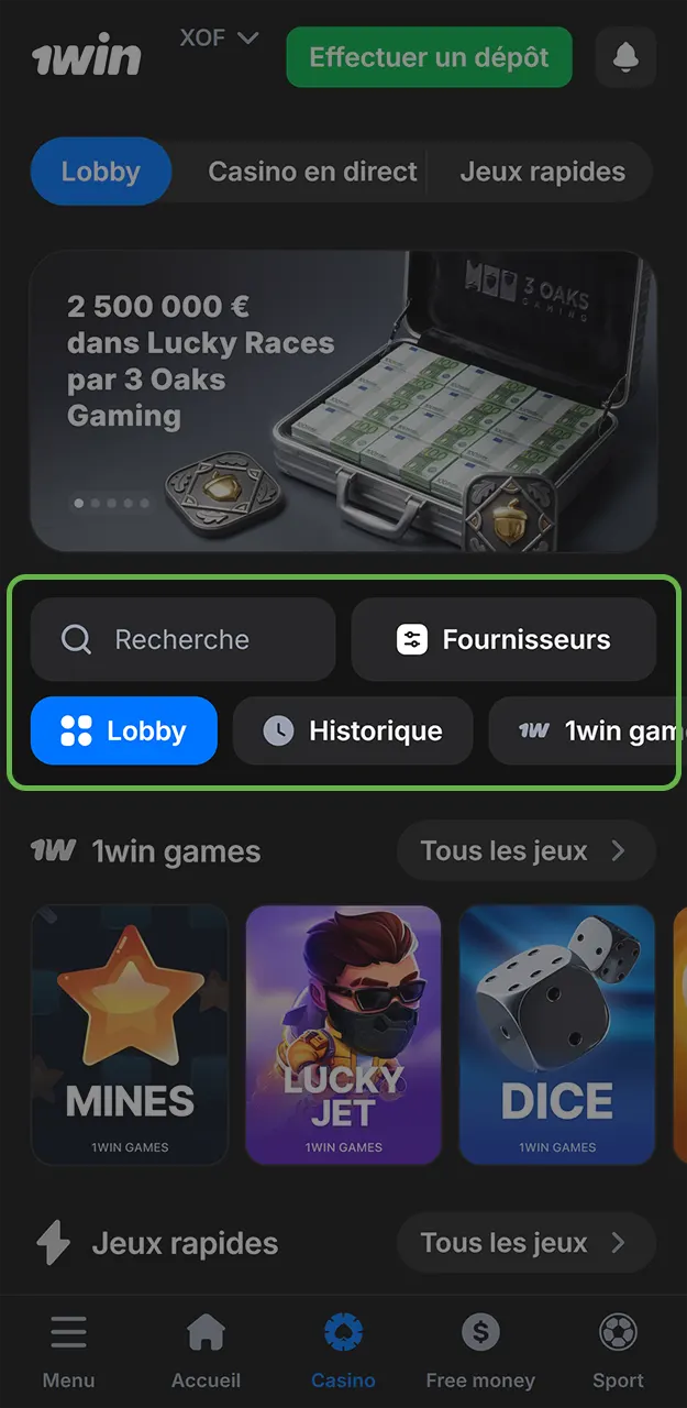 Parcourez les catégories de machines à sous et de tables en ligne pour explorez le lobby de jeux sur 1win.