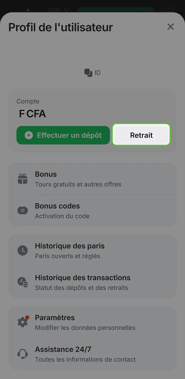 Ouvrez le menu de retrait de la caisse et retirez vos gains sur 1win.