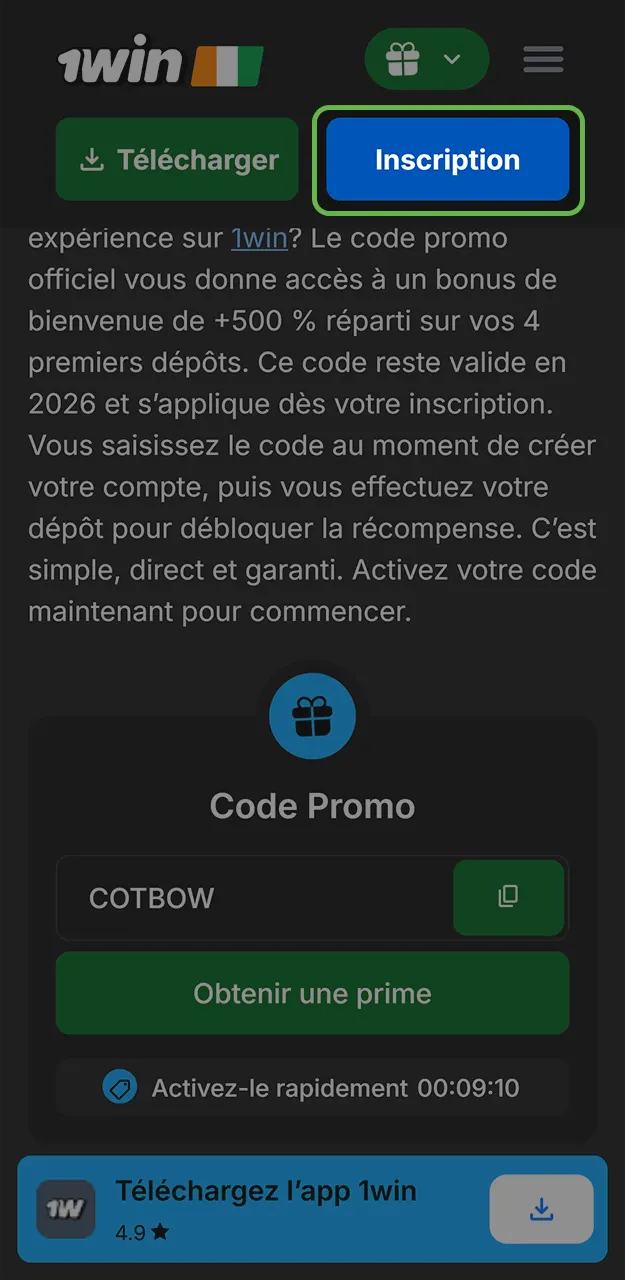 Ouvrez la plateforme officielle et cliquez sur le bouton d'inscription ci-dessous sur 1win.