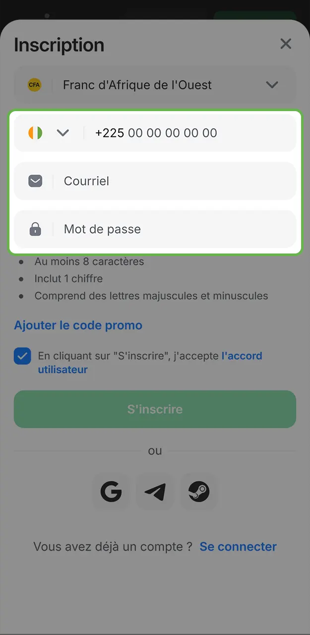 Saisissez vos données requises dans le formulaire et remplissez vos informations personnelles sur 1win.