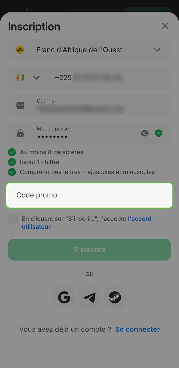 Entrez la combinaison de bonus exclusive et saisissez le code promo dans le champ prévu sur 1win.