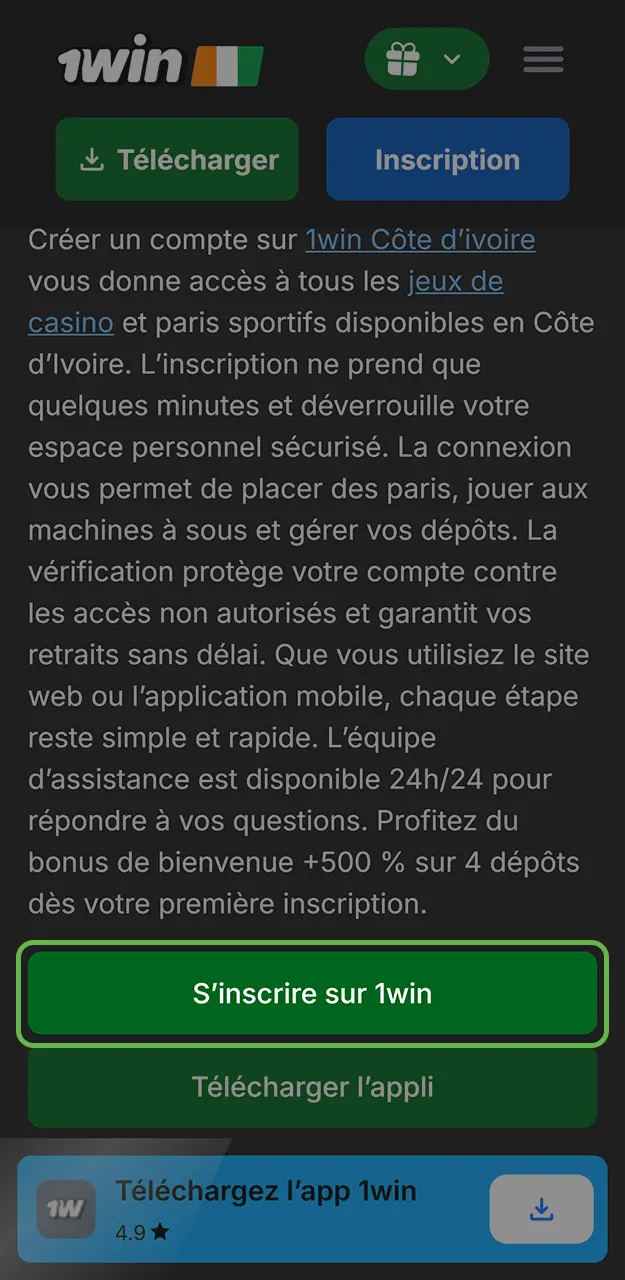 Cliquez sur le bouton d'enregistrement dans le coin supérieur pour que vous accédez au formulaire d'inscription sur 1win.