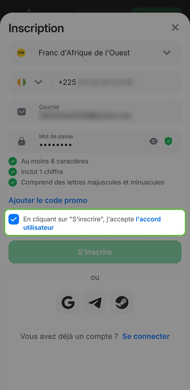 Acceptez les conditions d'utilisation et terminez votre inscription sur 1win.