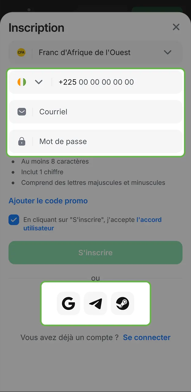 Choisissez votre méthode d'inscription sur 1win.