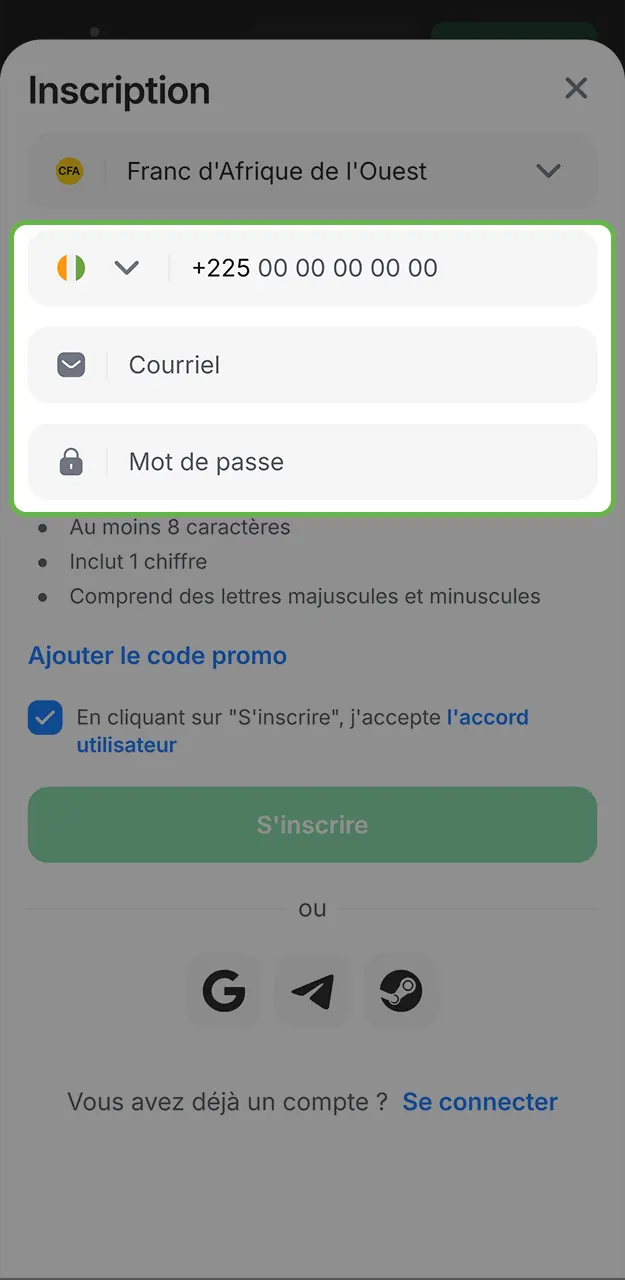 Entrez votre numéro de téléphone et votre adresse e-mail pour terminer votre inscription sur 1win.