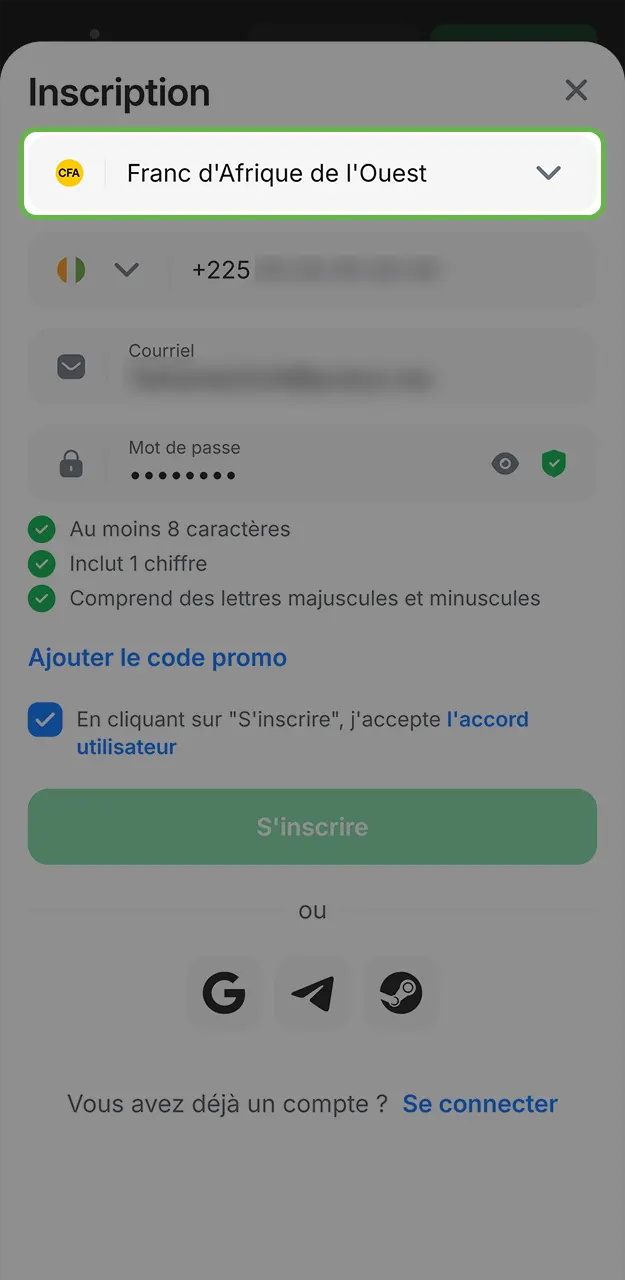 Choisissez votre devise lors de votre inscription sur 1win.