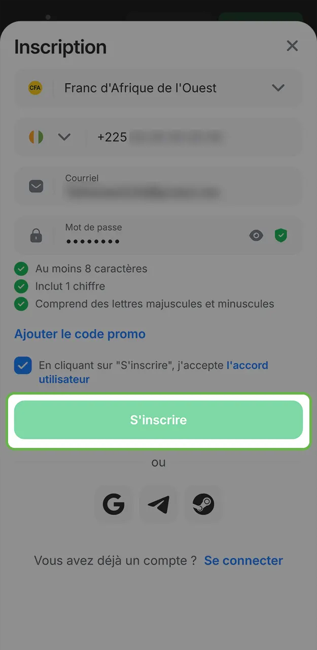 Remplissez tous les champs et terminez votre inscription sur 1win.
