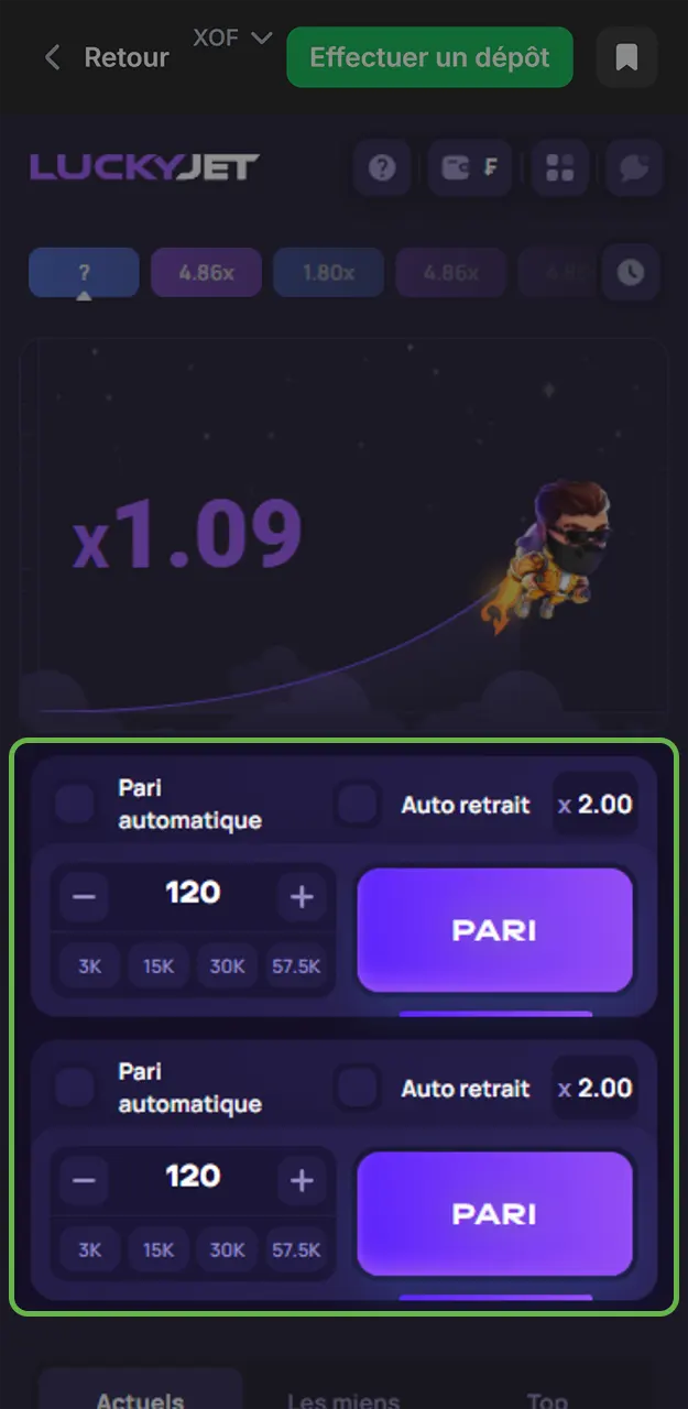 Définissez le montant de votre mise sur Lucky Jet chez 1win.
