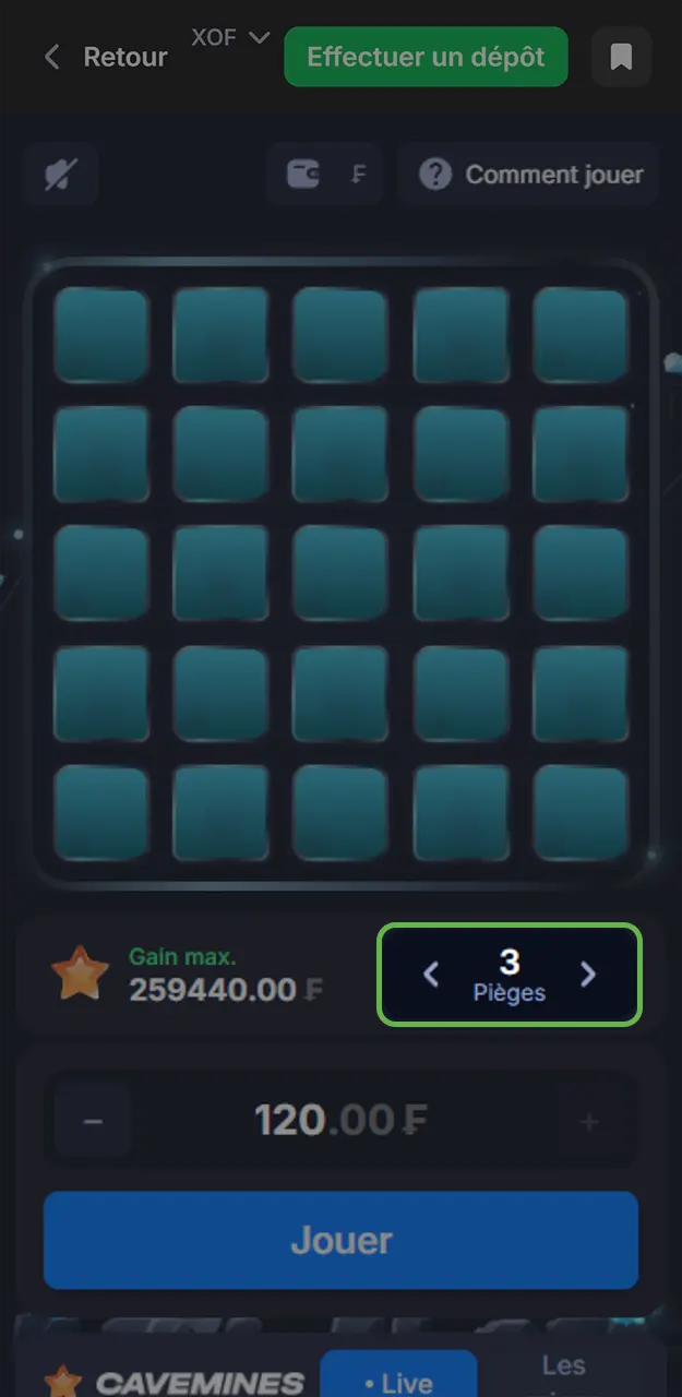 Configurez le terrain dans le jeu Mines sur 1win.