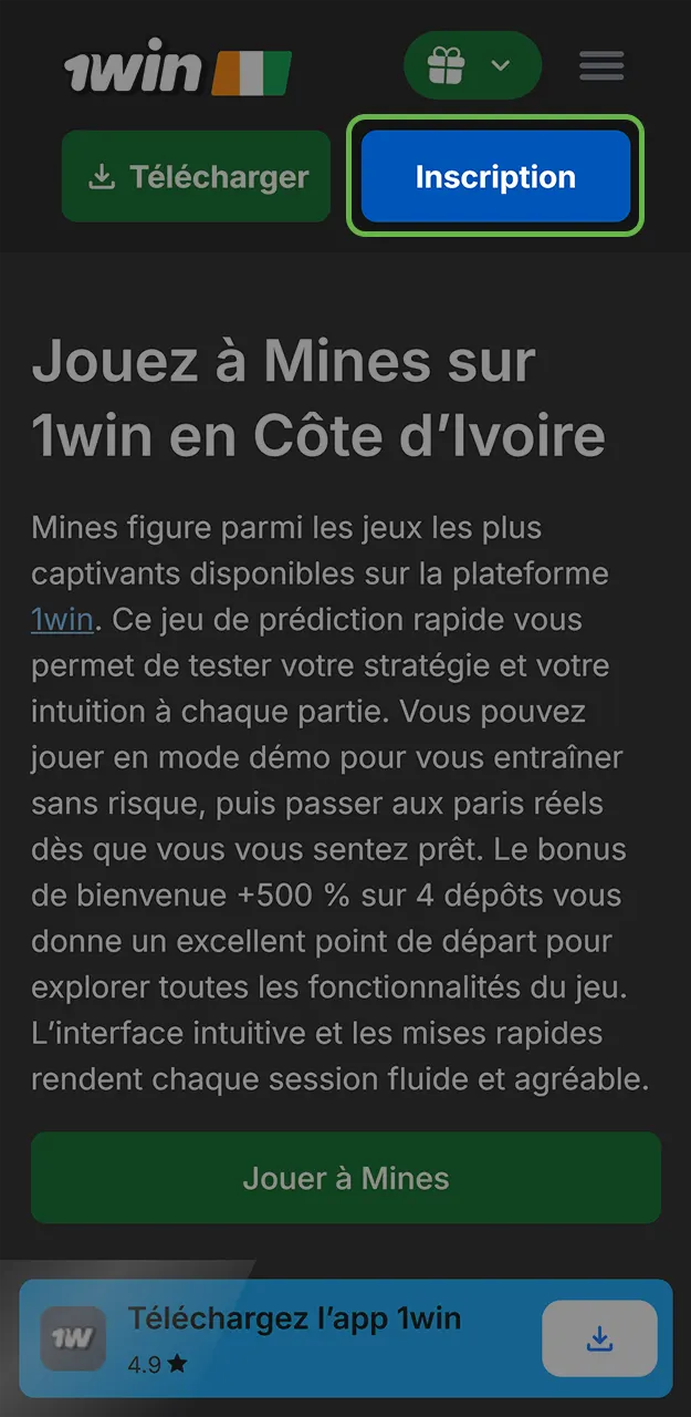 Inscrivez-vous sur 1win et commencez à jouer à Mines.