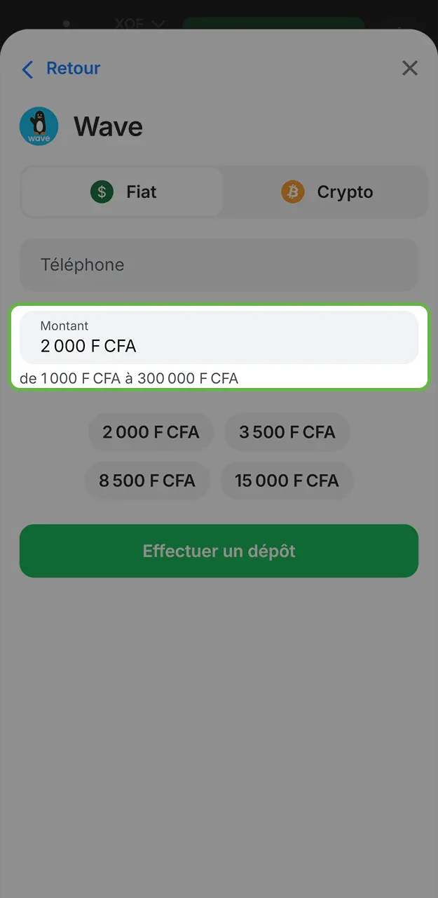 Entrez la somme en Franc CFA que vous voulez déposer et indiquez le montant souhaité sur 1win.