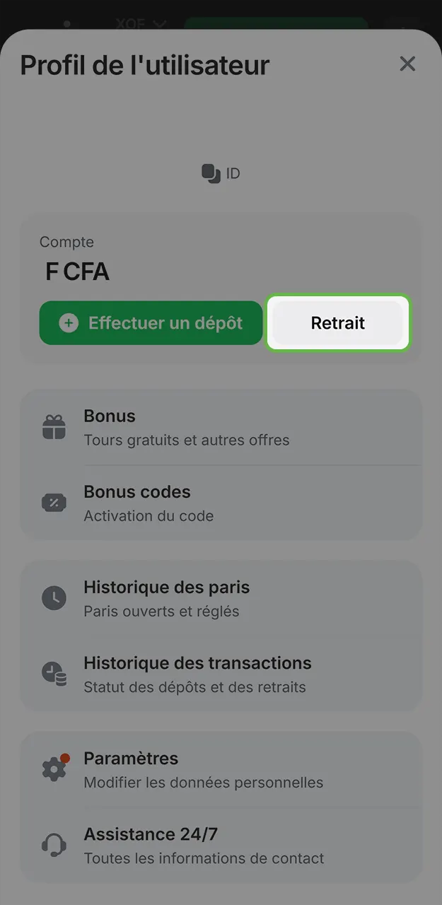 Connectez-vous et procédez au retrait de vos fonds sur 1win.